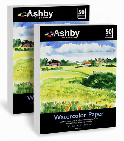 100 Sheets of Practice Watercolor Paper (9" x 12") - 190 GSM, Acid-Free and Cold Pressed.. Perfect for Painting, Sketching or Drawing. Wet, Dry