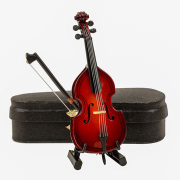 Dselvgvu Wooden Miniature Double Bass with Stand, Bow and Case Mini Musical Instrument Contrabass Replica Collectible Figurines Upright Bass Model