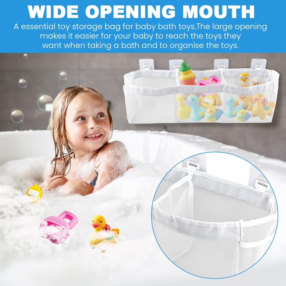 JIANWEI Bath Toy Organizer, 3 Compartment Bathtub Toy Storage Bag, Quick Access Bath Toy Holder with 4 Hooks, Mesh Shower Caddy Practical Supplies