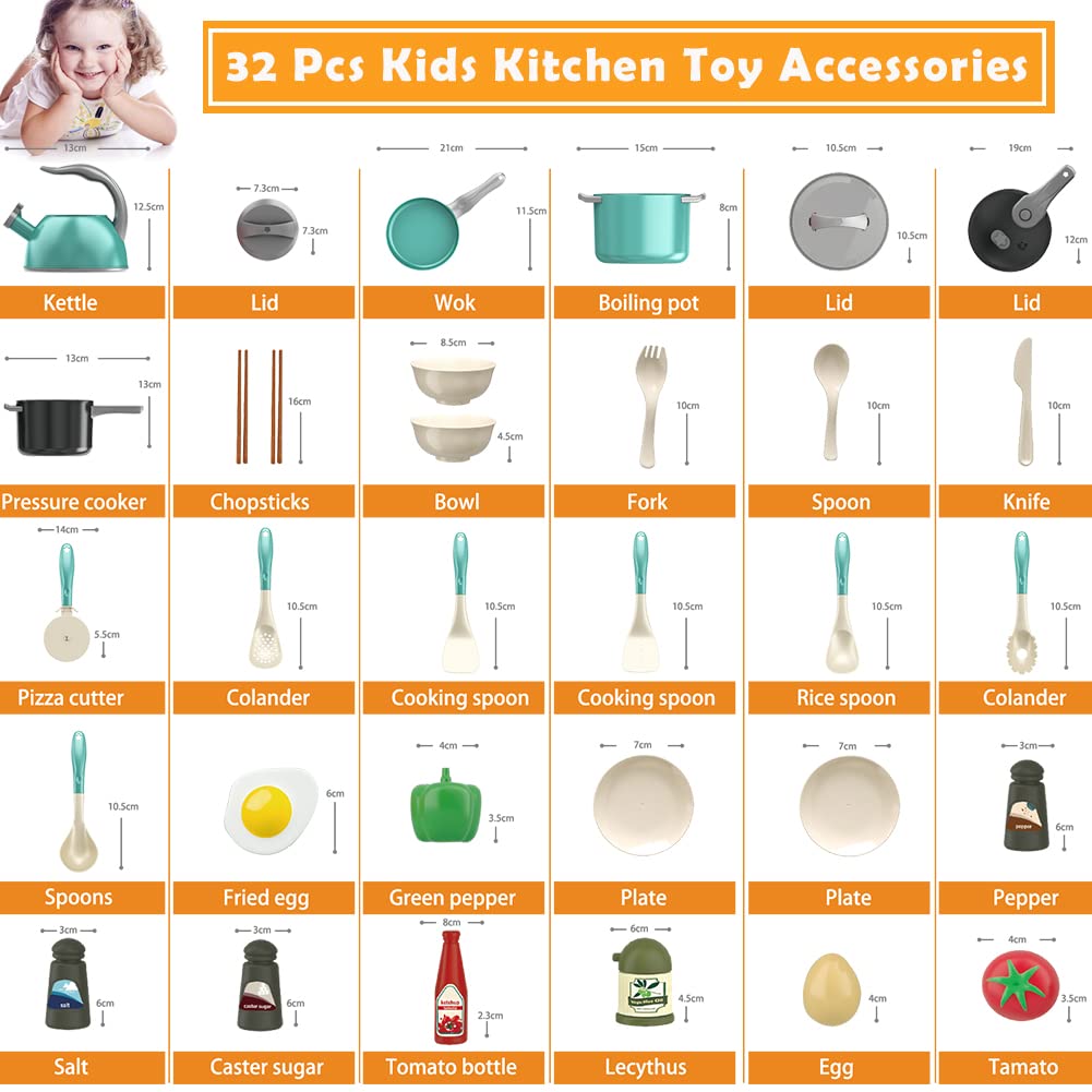 Bruvoalon 32Pcs Kids Play Kitchen Toys Set, Toddlers Pretend Cooking Playset Acccessories with Pots Pans, Utensils Cookware, Foods, Canned Veges