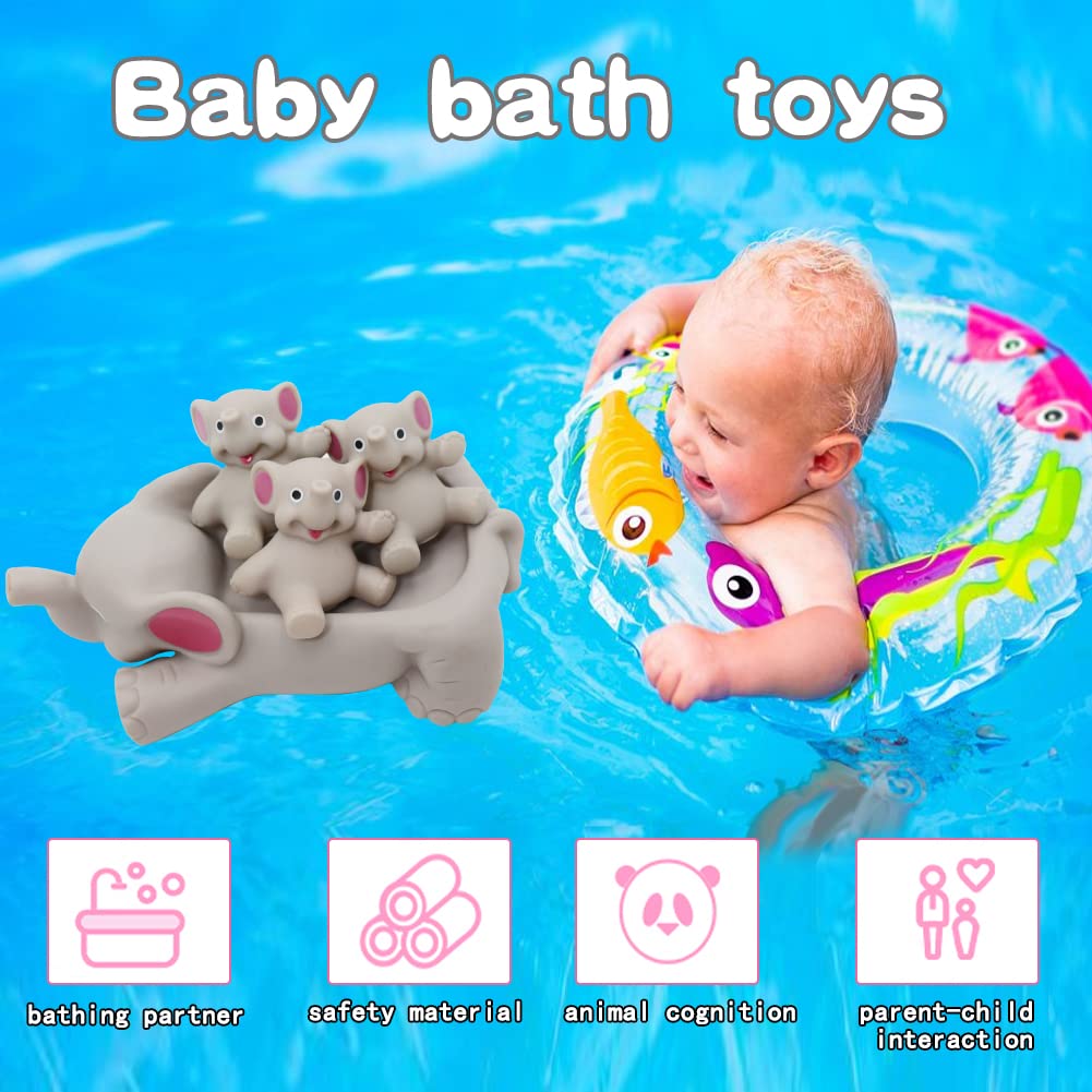 Bath Toys for Toddlers Infants 6 Months+, Floating Bathtub Elephant Toys Squeak Rubber Animal 4 Piece Set, Pool Beach Party Gift for Kids Boys Girls