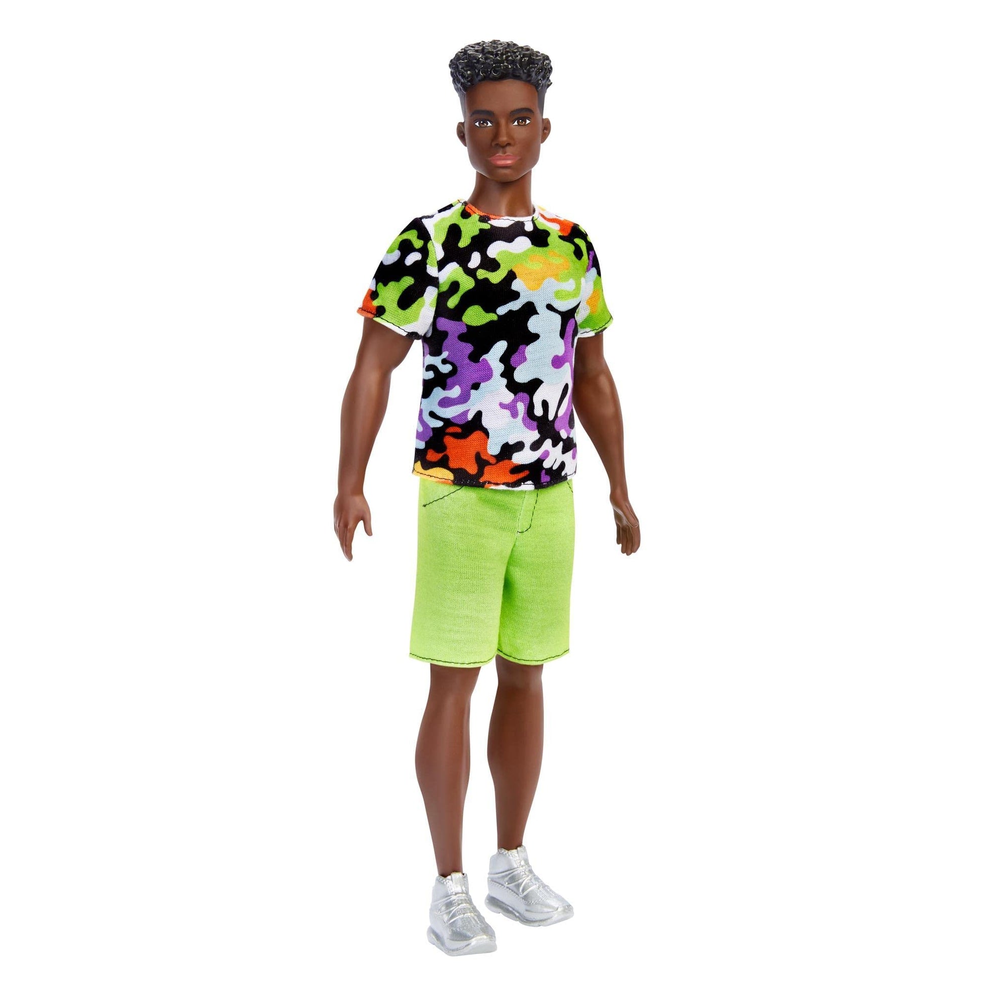 Barbie Fashionistas Ken Doll #123, Broad with Black Curly Hair Wearing Multi-Colored Camo Print Shirt, Neon Green Shorts & Silvery Sneakers