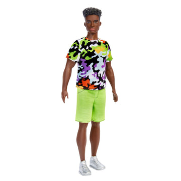 Barbie Fashionistas Ken Doll #123, Broad with Black Curly Hair Wearing Multi-Colored Camo Print Shirt, Neon Green Shorts & Silvery Sneakers