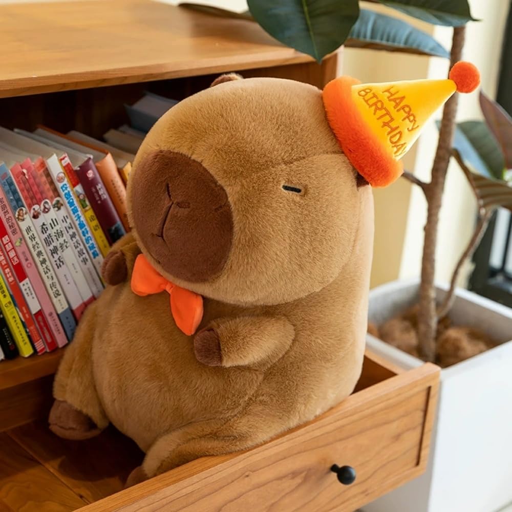 Xshelley 11.8 inch Capybara Plush Toy Pillow with Happy Birthday Hat Bow Soft Stuffed Animal Kids Party Decoration Gift (Birthday Style)