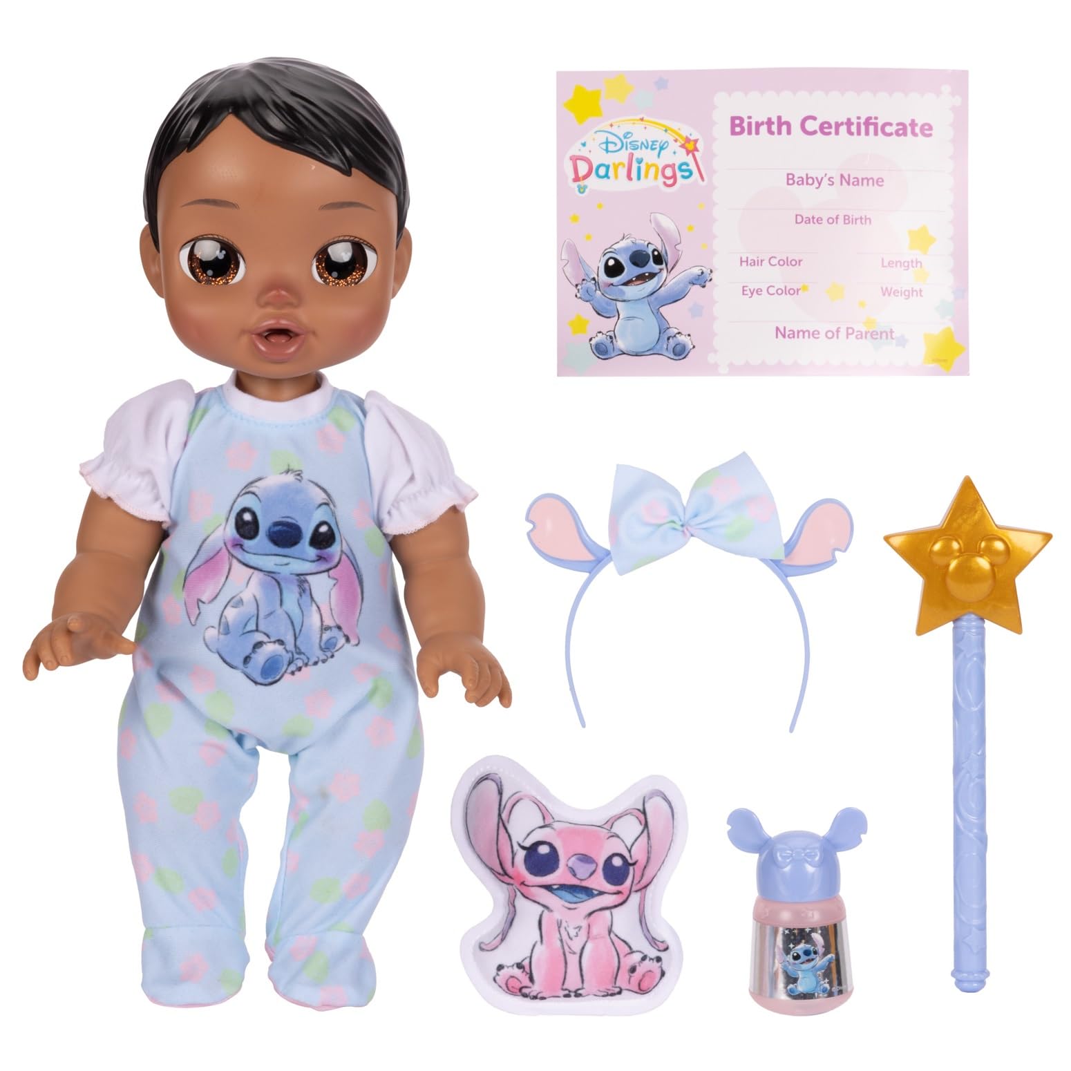 JAKKS Pacific Disney Darlings 13-Inch Interactive Baby Doll - Magical Lights, Sounds, Music & Wand - Stitch-Inspired Nurturing Doll with Accessories
