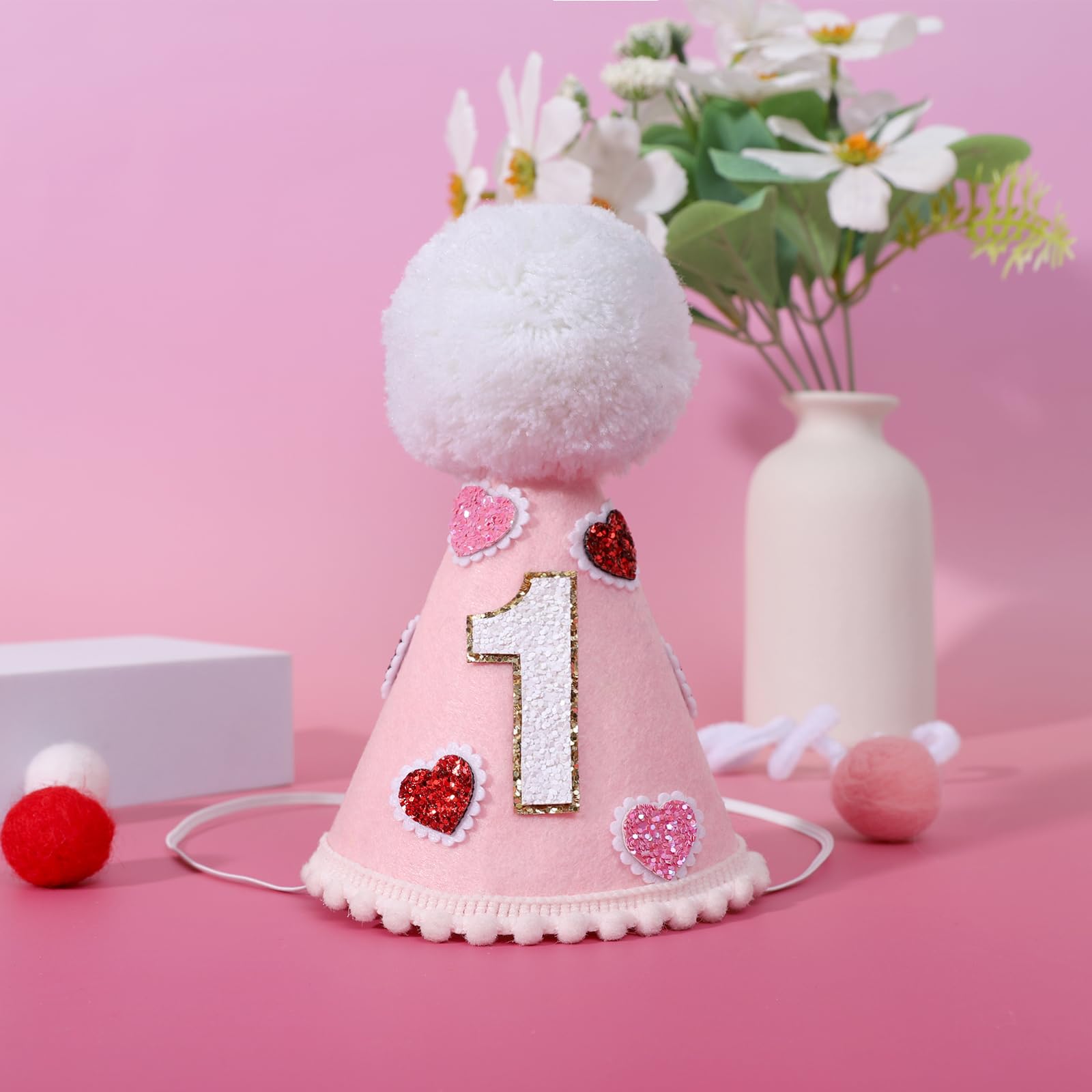 YOUAME Pink Heart Party Hat - Girls 1st Valentine Birthday Party Decorations,Love Day Cone Hat,1st Year Party Decors, One Birthday Crown Outfit