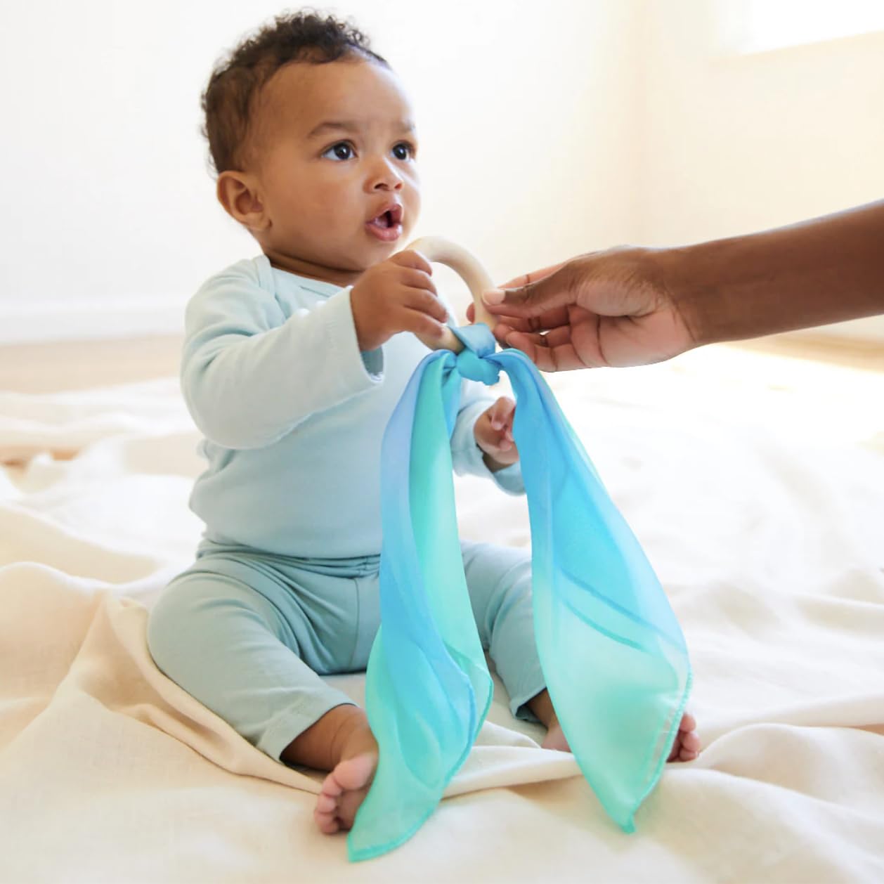 Sarah's Silks Silk and Wood Baby Teether Toy for Babies 3 Months and Older - Sea