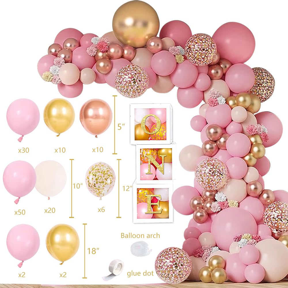 Baby Girl 1st Birthday Decorations Supplies - Balloon Boxes, Pink Gold Balloons Garland Arch Kit?Party Backdrop, High Chair Banner, Crown, Photo