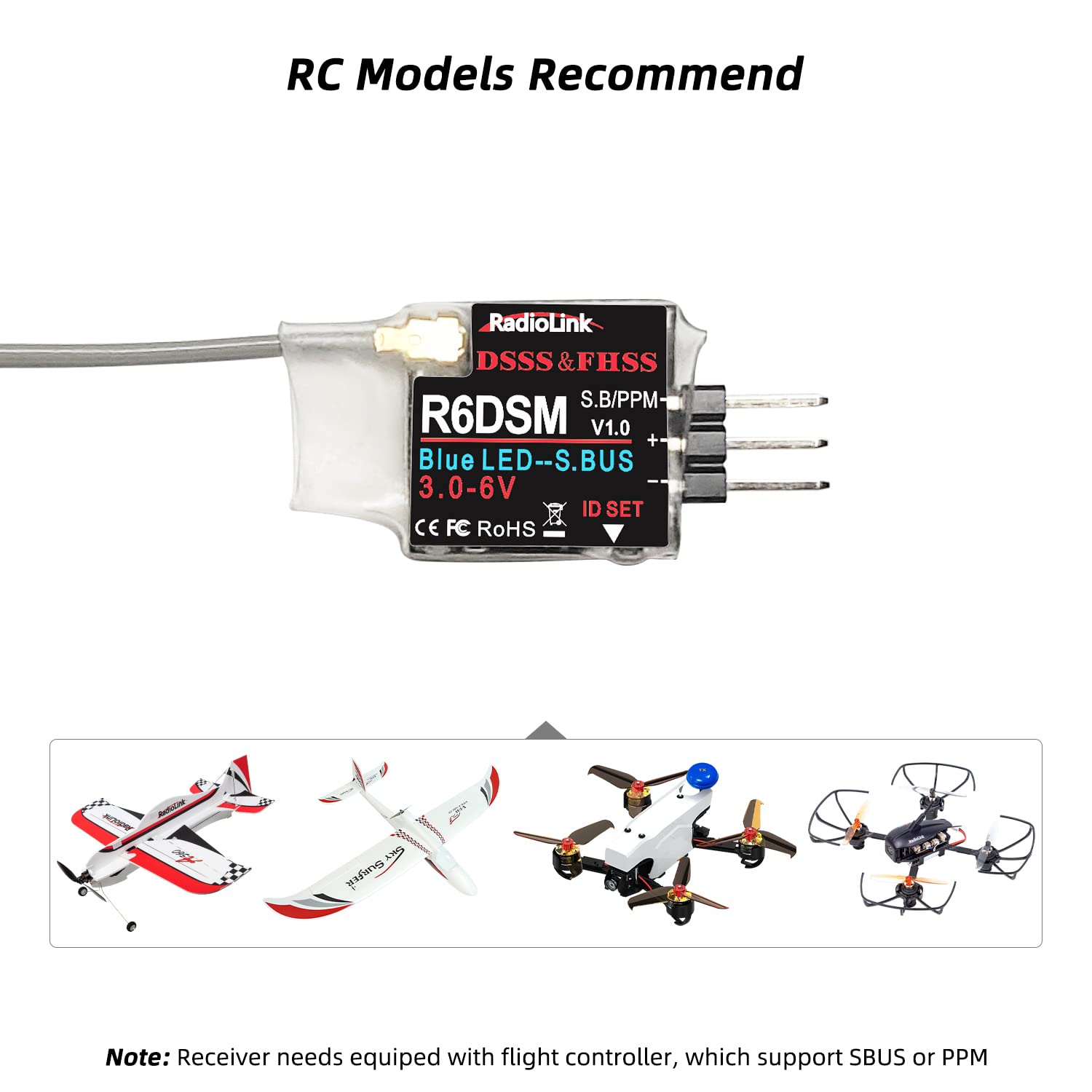 Radiolink R6DSM 2.4Ghz 10 Channels Micro RC Receiver SBUS/PPM for Mini FPV Racing Drone, Quadcopters Aircraft, AT9S AT9S Pro/AT10/AT10II Transmitter