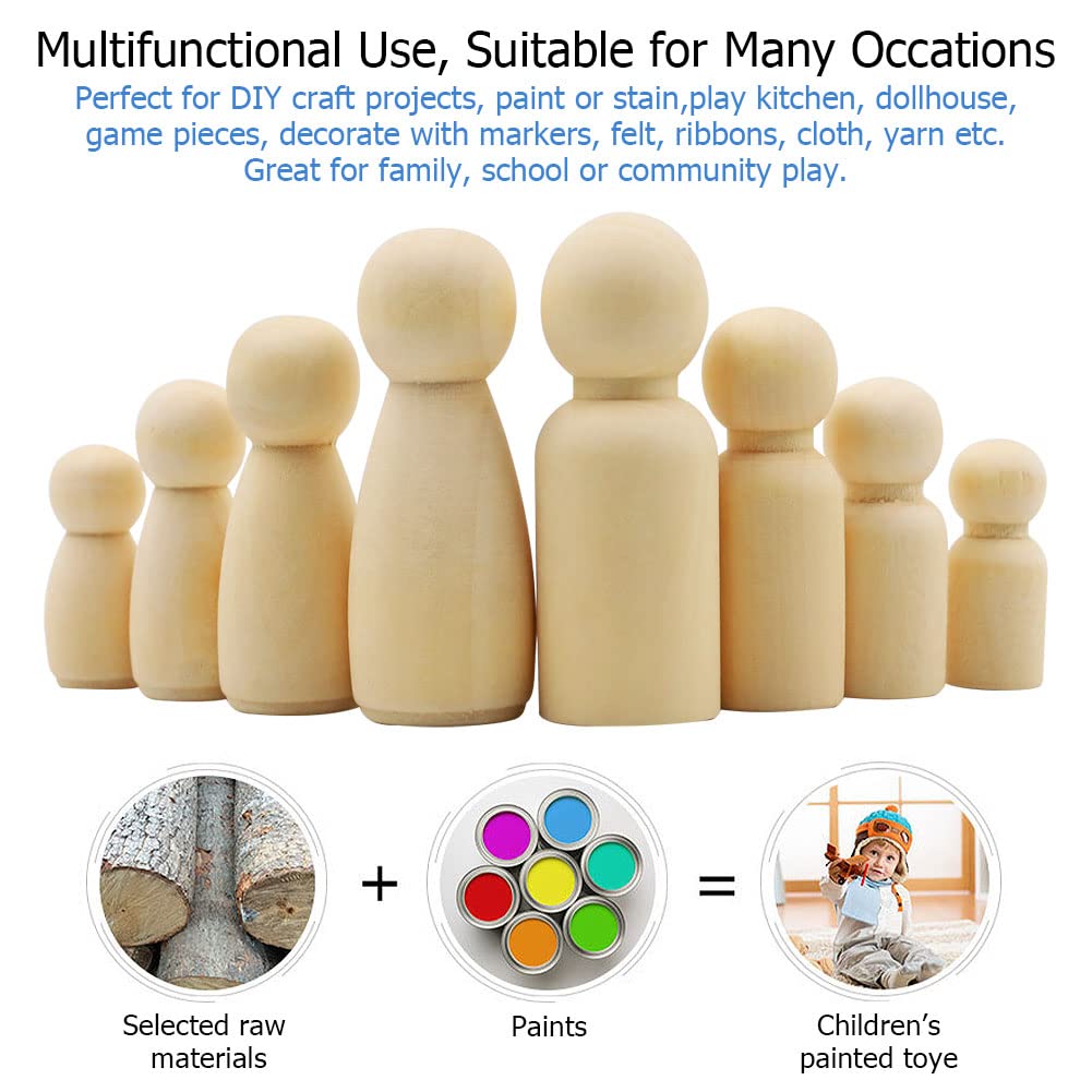 Abnaok 50 Pack Unfinished Wooden Peg Dolls, Peg People, Doll Bodies, Wooden Figures, Decorative Peg Doll People for Kids DIY Art Craft, Painting, Peg