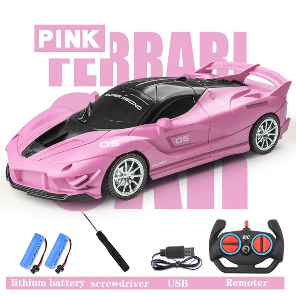 Yomwet Remote Control Car, Pink RC Cars for Girls, Rechargeable RC Racing, Electric Power On Road High Speed Drift Model Vehicle Toy with Led