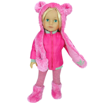 Sophia's 18" Doll 4 pc. Winter Outfit with Hot Pink Nylon Zipped Jacket, Bear Faux Fur Hat and Boots, and Hot Pink and Gray Striped Leggings