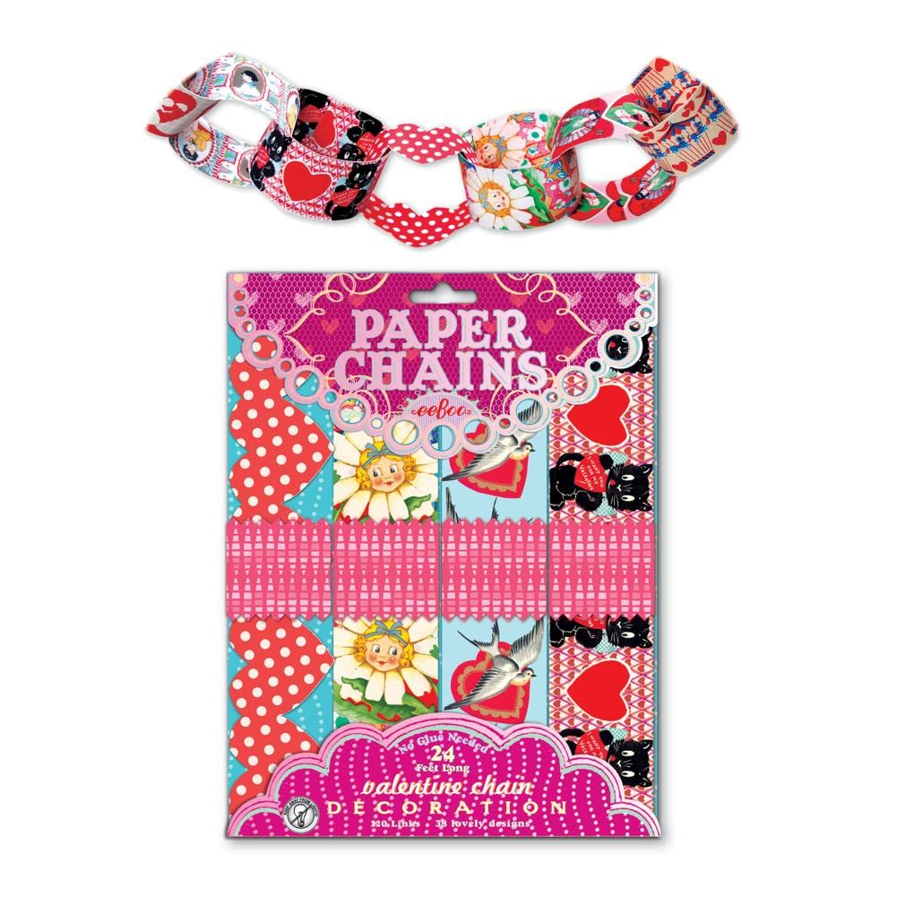 eeBoo: Valentine Paper Chain - 120 Links, No Glue Needed for Assembly, Four Different Patterned Links to Mix and Match, Paper Chain When Completed is