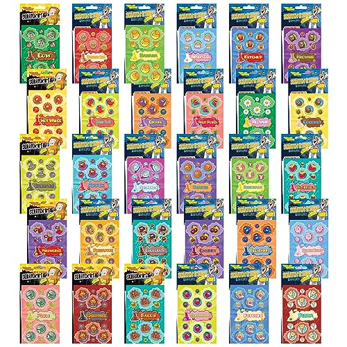 Dr. Stinky's Scratch N Sniff Stickers 30-Pack- Strawberry, Apple, Banana, Pizza, Garbage, Cherry, Birthday Cake, Chocolate, Cotton Candy, Campfire