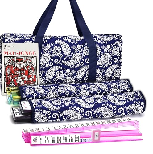 Mose Cafolo American Mahjong Set, Blue Paisley Carrying Bag,166 Premium White Tiles,4 All-in-One Color Rack/Pushers Complete Mahjong Tiles Set (Ma