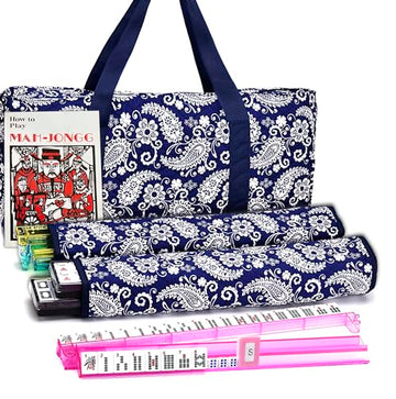 Mose Cafolo American Mahjong Set, Blue Paisley Carrying Bag,166 Premium White Tiles,4 All-in-One Color Rack/Pushers Complete Mahjong Tiles Set (Ma