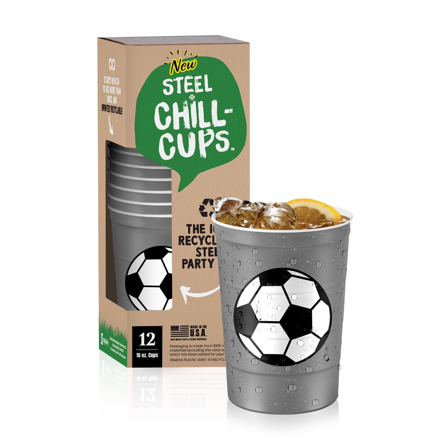 Steel Chill Cups 16 oz. Reusable Party Cups, Soccer, Green, 12 Count