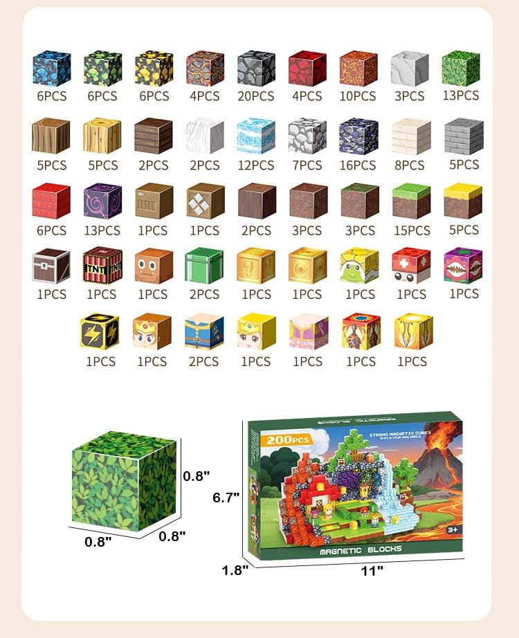 FXLYNAF Magnetic Blocks, 200-Piece 0.8in Build Knight&Princess Magnet Game Set, Stacking Building Blocks Cubes Magnets for Kids, STEM Sensory Creative