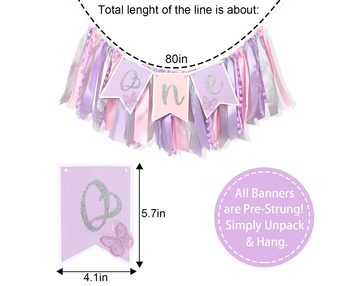 Pink & Purple Butterfly 1st Highchair Banner for Girls - Spring Butterfly One Party Decor & Cake Smash Photo Prop
