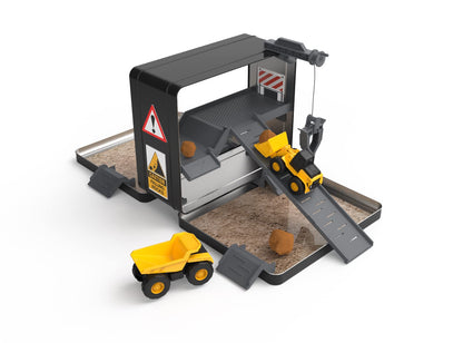 CAT Construction Toys, Store N Go Playset - Tin Travel Case Transforms into Multi-Level Worksite, Includes 2 Little Machines Vehicles & 10 +