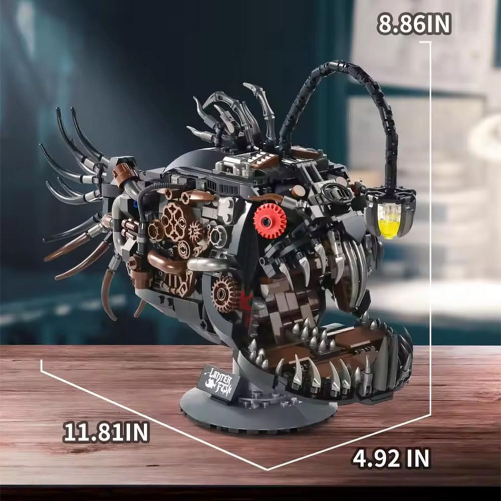 YAOZEBIN Mechanical Angler Fish Building Block Set - STEM Toys for Boys & Girls 8-14+, Deep Sea Ocean Creature Kit, Home/Office Decor with Light