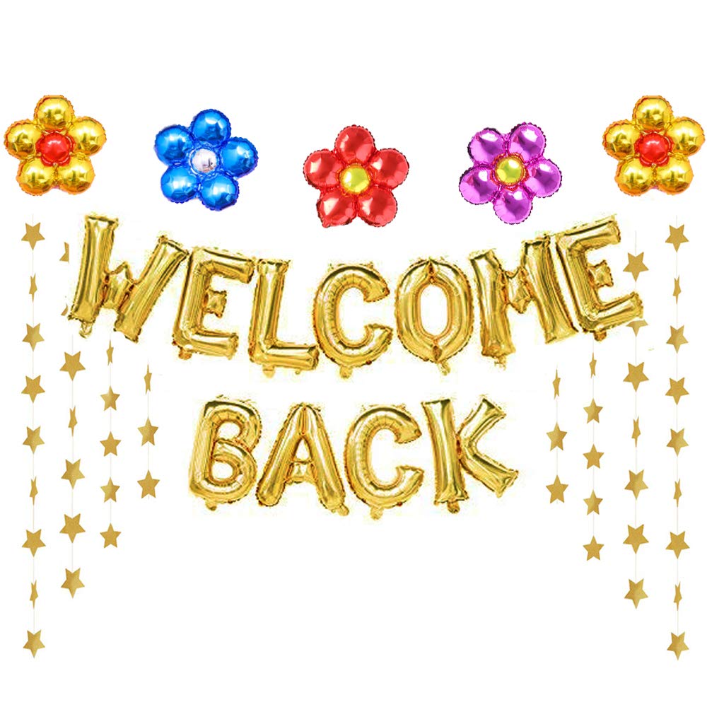 Welcome Back Balloons Gold Welcome Back Banner Back to School Party Supplies with Flower Balloons Star Banners First Day of School Classroom, Wedding