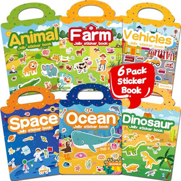CREATIVETREES 6 Sets Reusable Sticker Book for Toddlers 3-6, Jelly Stickers Book for Kids, Travel Sticker Activity Toys for Childs 3 4 5 6 Years Girls
