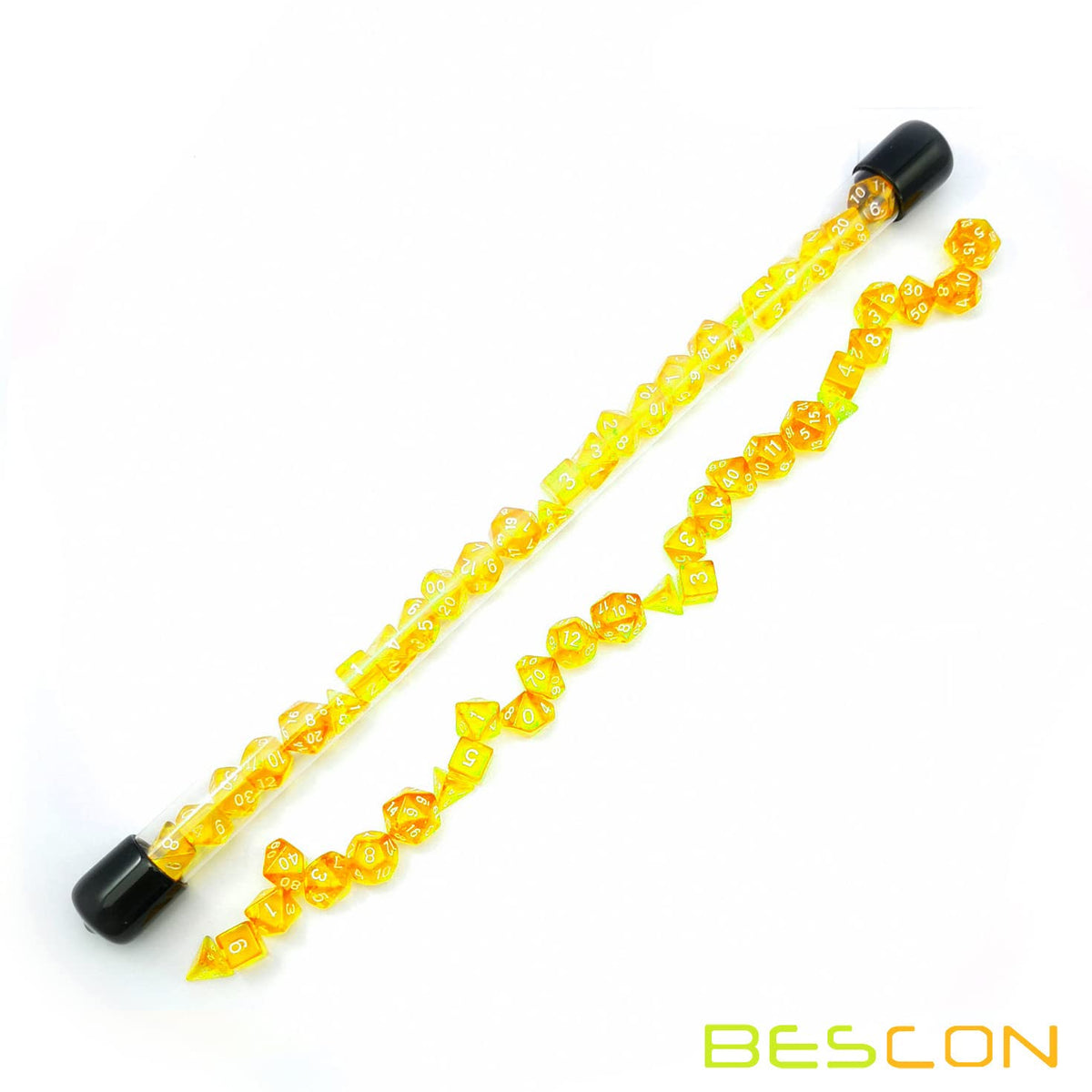 Bescon 28pcs Translucent Yellow Mini Polyhedral Dice Set in Tube, for Dungeons and Dragons RPG Dice 4X7pcs,Mini Gem Yellow Dice Set