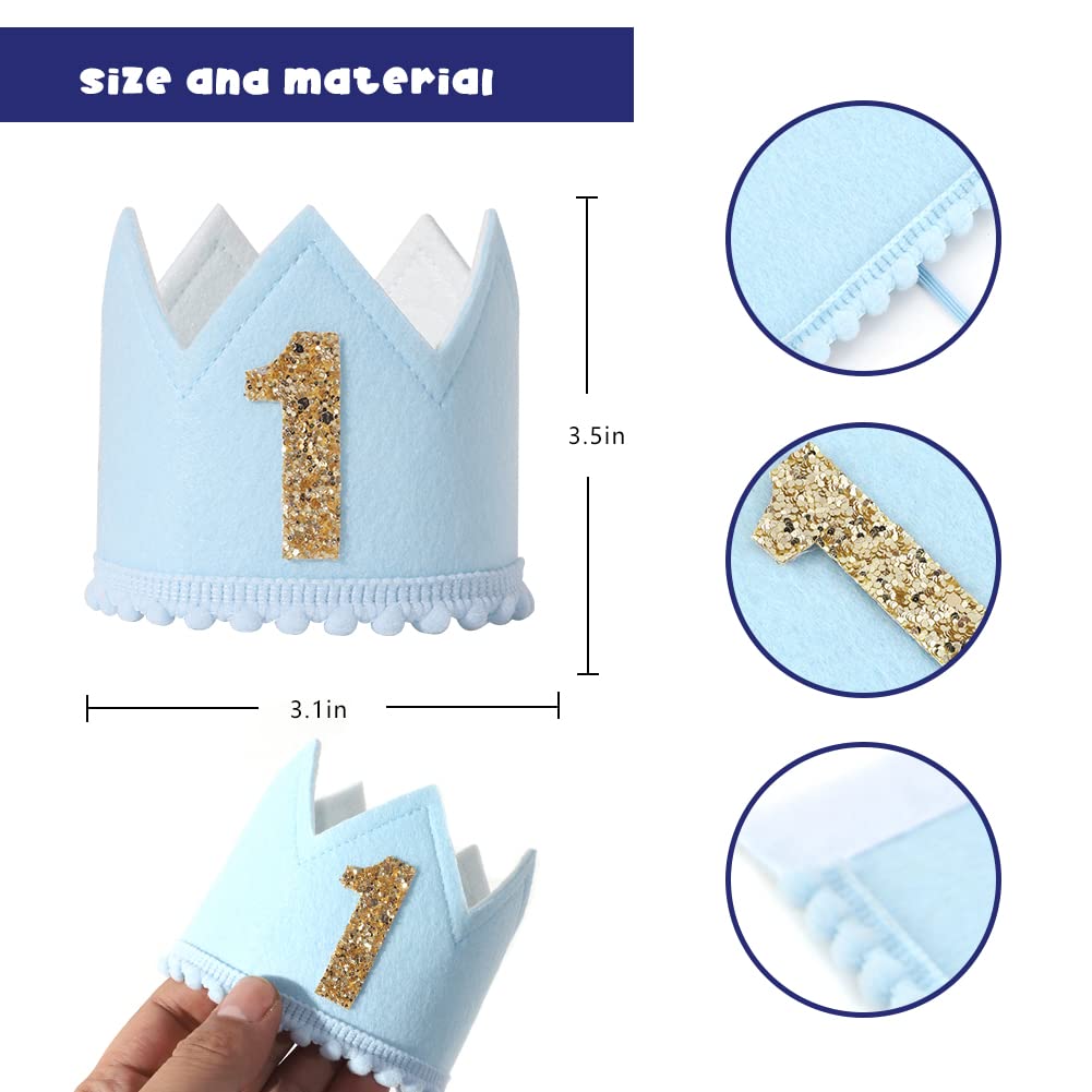 SYESQL Baby Boys 2nd Birthday Crown - Blue Felt Hat, Cake Smash Prop, Birthday Hats for Kids, Blue Half Birthday Crown, Blue and White