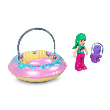 Polly Pocket Collectible Micro Mini Metal Vehicle, Poseable Doll and Pet Set - Polly's Friend Doll with Donut Theme UFO and Purple Puppy (with Space