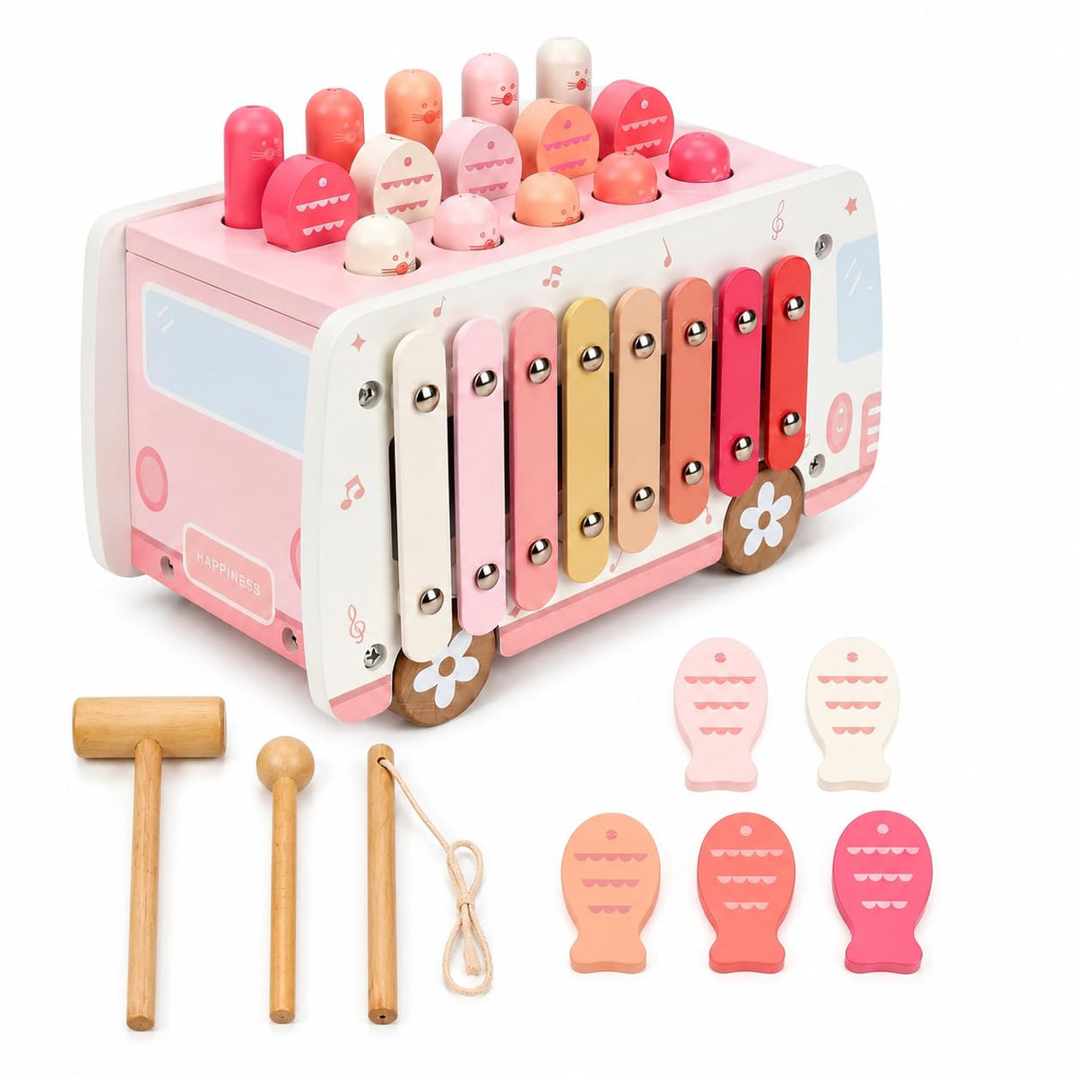 Thirrni 5-in-1 Wooden Montessori Toy for Toddlers 1-3, Pounding, Xylophone, Magnetic Fishing, Gear and Push Car Activity Toy for Learning and Fine