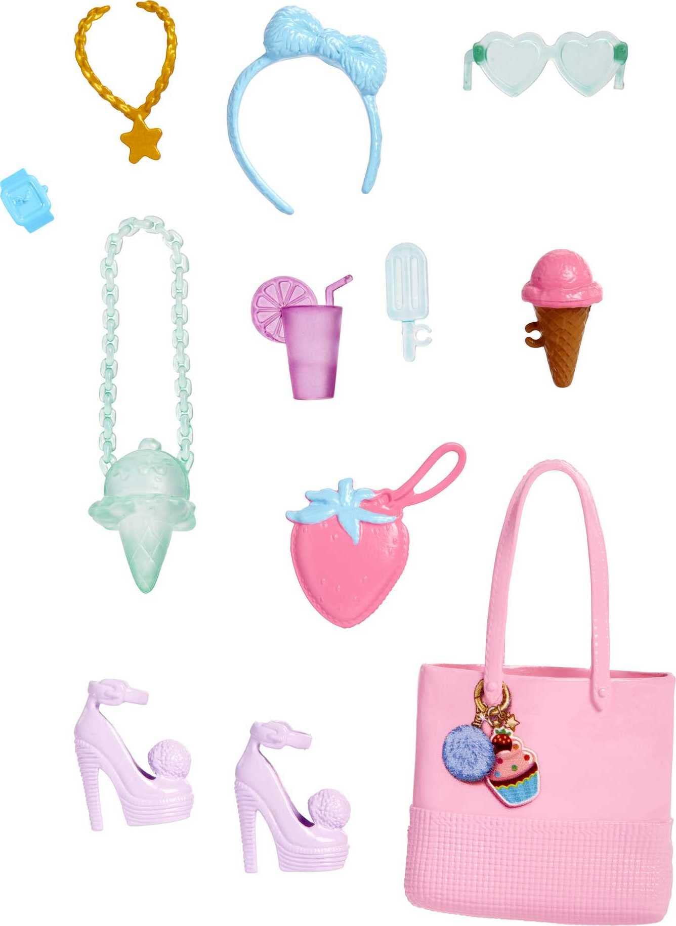 Barbie Accessories, Storytelling Pack for Barbie Dessert Themed Dolls, 11 Sweet Fashion Accessories