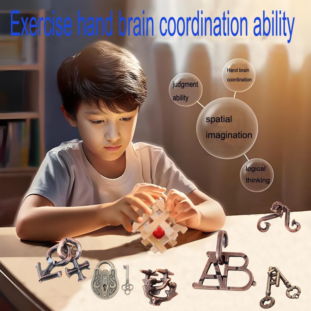 Arlai 12 pcs Wooden Brain Teaser Puzzle and Metal 3D Unlock Interlocking Jigsaw Educational Toy for Kids and Adults Brain Games Durable Easy