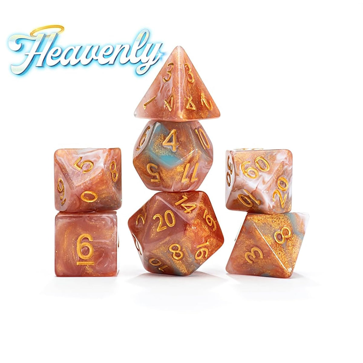 Gate Keeper Games and Dice: Aether Dice: Heavenly - 7pc RPG Set, Gold, Rouge, White & Blue w/ Holographic Glitter, Resin Dice for Role Playing Games