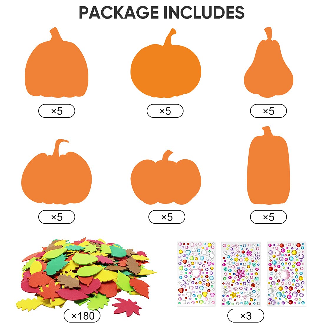 Hifunwu 30Pcs Halloween Foam Pumpkin Craft Kit Decorations with Foam Fall Maple Leaves Rhinestone Stickers for Halloween Thanksgiving Art Crafts