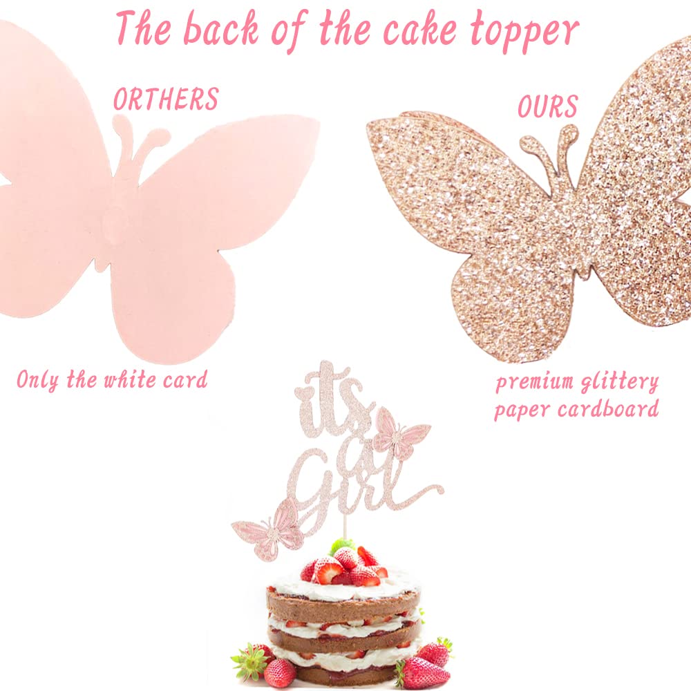 Double Sided Glitter “It’s a Girl” Cake Topper Set, Assembled Rose Gold Cake Topper for Baby Shower with 20 Pink Butterflies Cupcake Toppers, Party