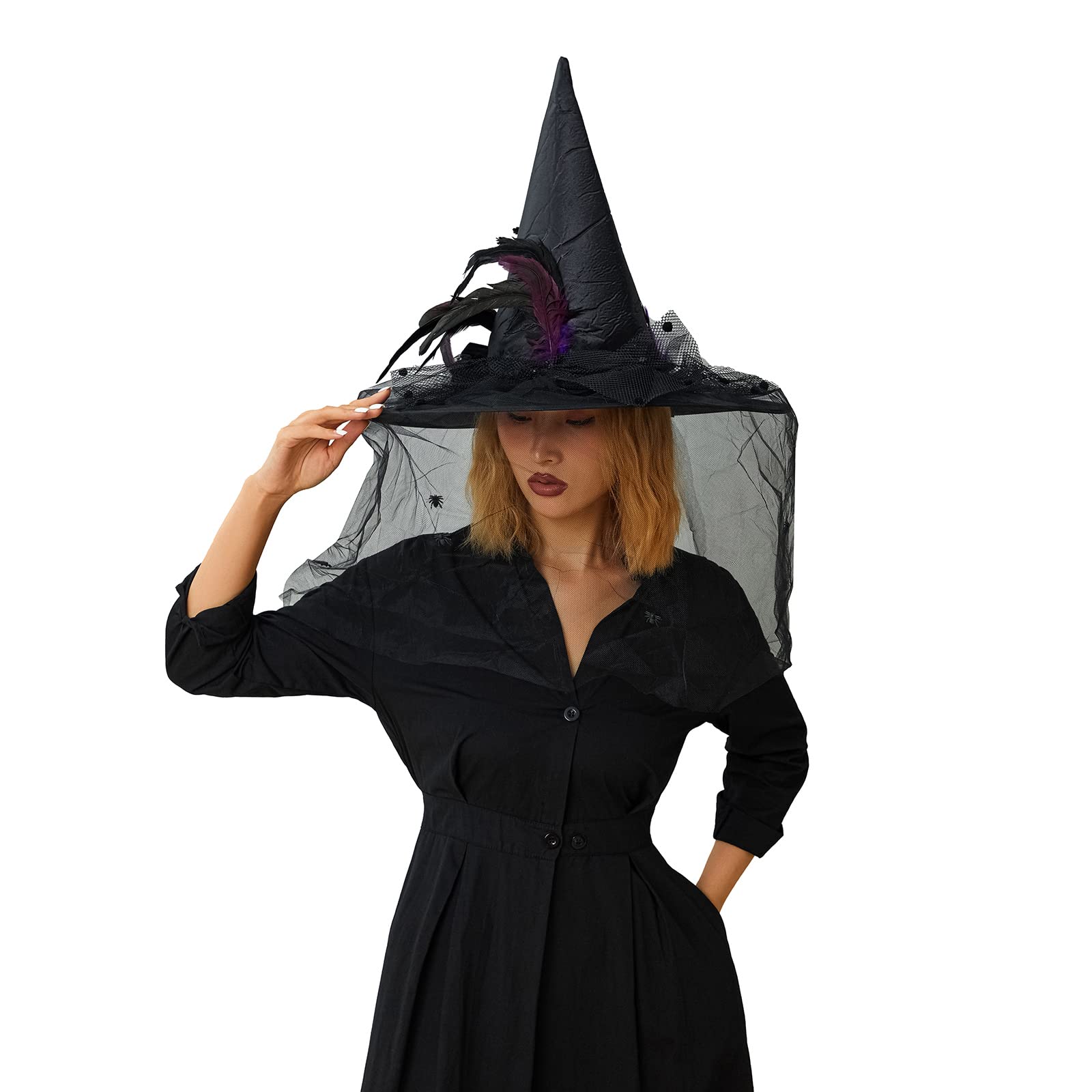 SSPalu Halloween Deluxe Witch Hat Veils Spiders Feathers Felt Wizard Cap Women Men Wide Brim Pointed Hat Party Carnival Cosplay Costume