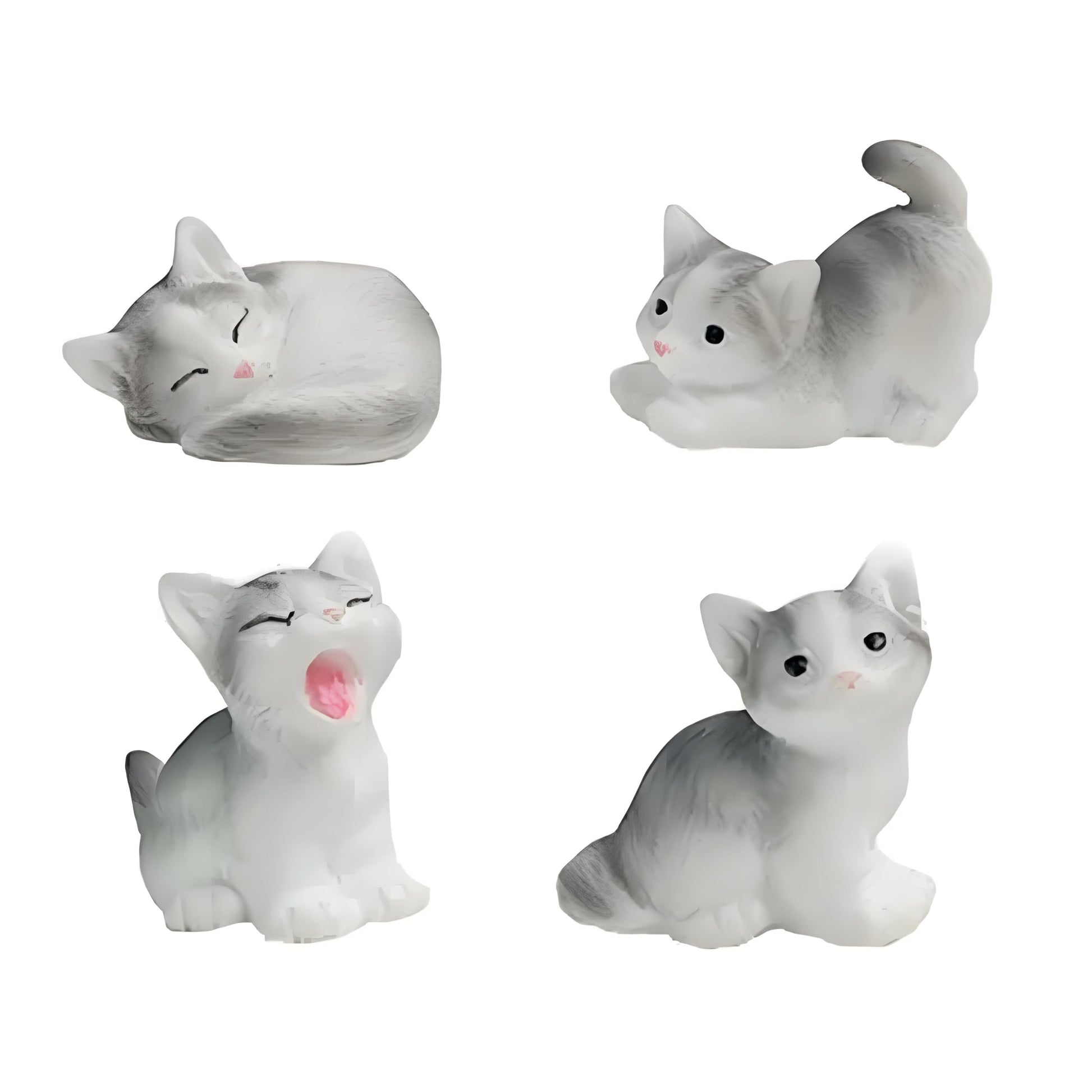 4 Pcs Mini Gray Cat Figurines in Different Poses - Cute Resin Kittens for Fairy Garden Accessories, DIY Terrarium Crafts, Moss Landscapes, Home