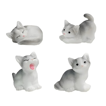 4 Pcs Mini Gray Cat Figurines in Different Poses - Cute Resin Kittens for Fairy Garden Accessories, DIY Terrarium Crafts, Moss Landscapes, Home