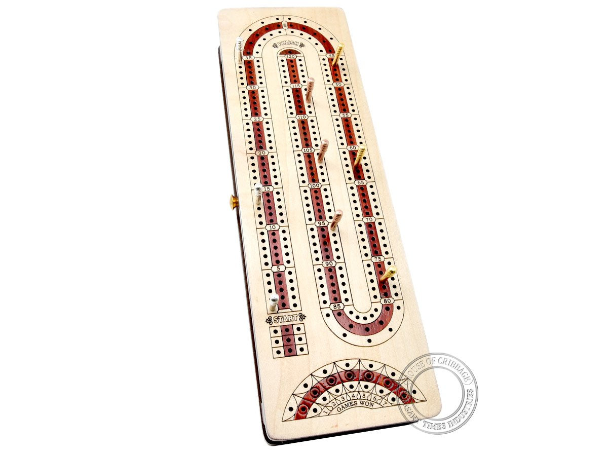 House of Cribbage - 3 Track - Continuous Cribbage Board Alphabet e Shape Inlaid in Maple Wood/Bloodwood : Size - 12.5" x 4" - Separate Storage Space