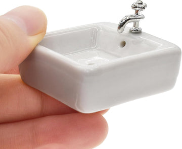 1:12 Scale Ceramic Sink with Removable Faucet - Miniature Dollhouse Bathroom and Kitchen Accessories for Victorian Style Decor, Realistic Doll House