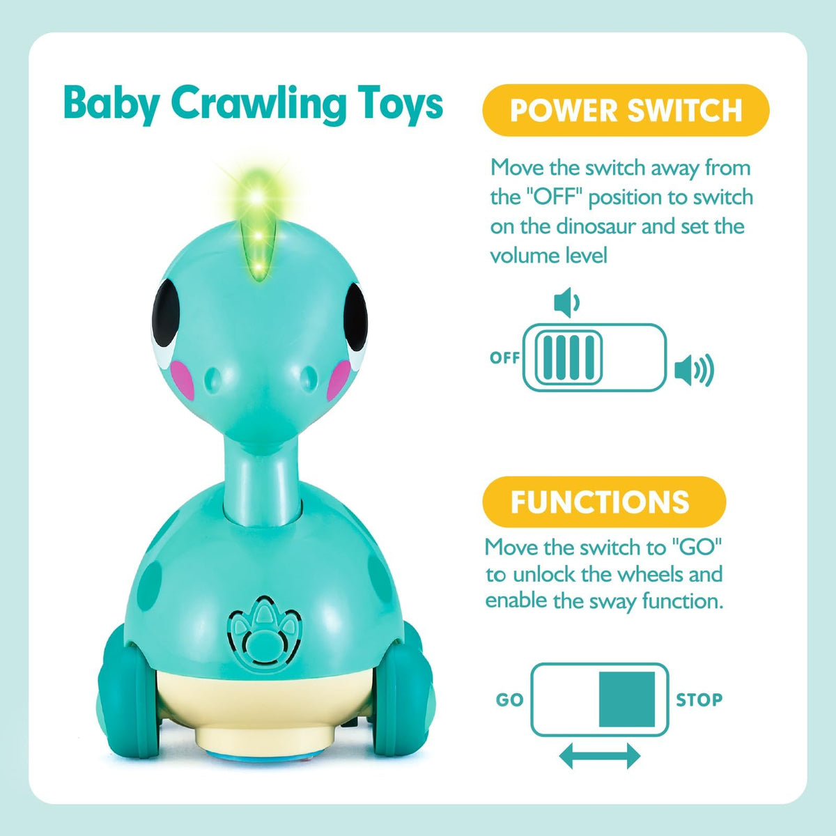 CubicFun Touch & Go Crawling Dinosaur Toy with Music, Lights & Obstacle Avoidance, 1 Year Old Boy Girl Gifts, Interactive Tummy Time Toy for 12 Month