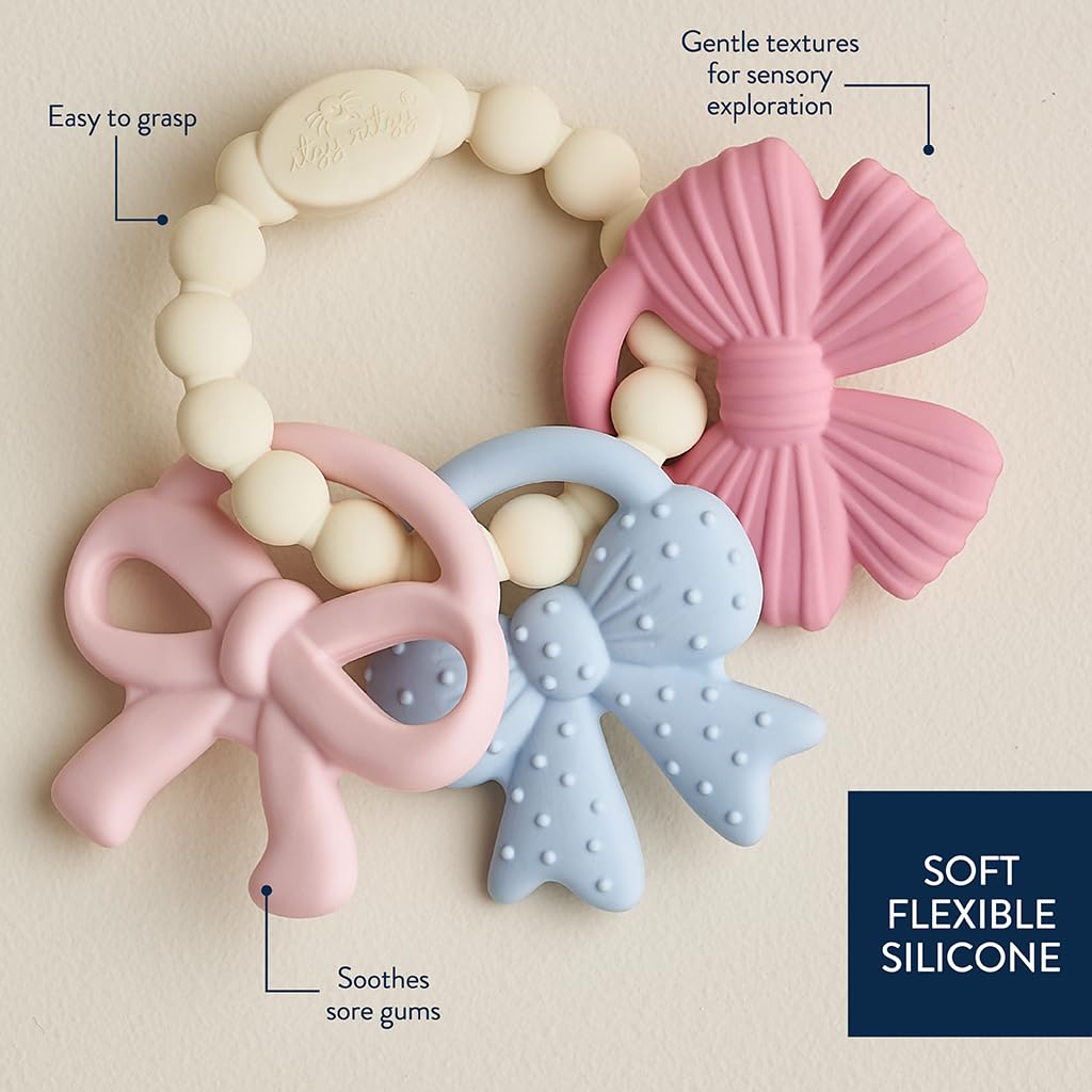 Itzy Ritzy Silicone Teether Trio for Babies - Soft, Flexible BPA-Free Teething Toys with Textured Surfaces & Easy-Grip Ring for Sensory Play and Fine