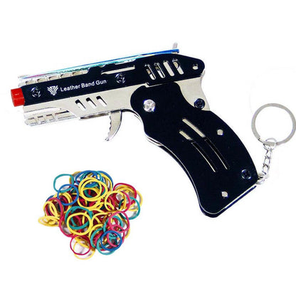 Rubber Band Gun New Generation Upgrade Mini Metal Foldable Toy Gun Keychain Quickly Shoot 8 Rubbers Orange tip Effectively identifiable Toy Gun Comes