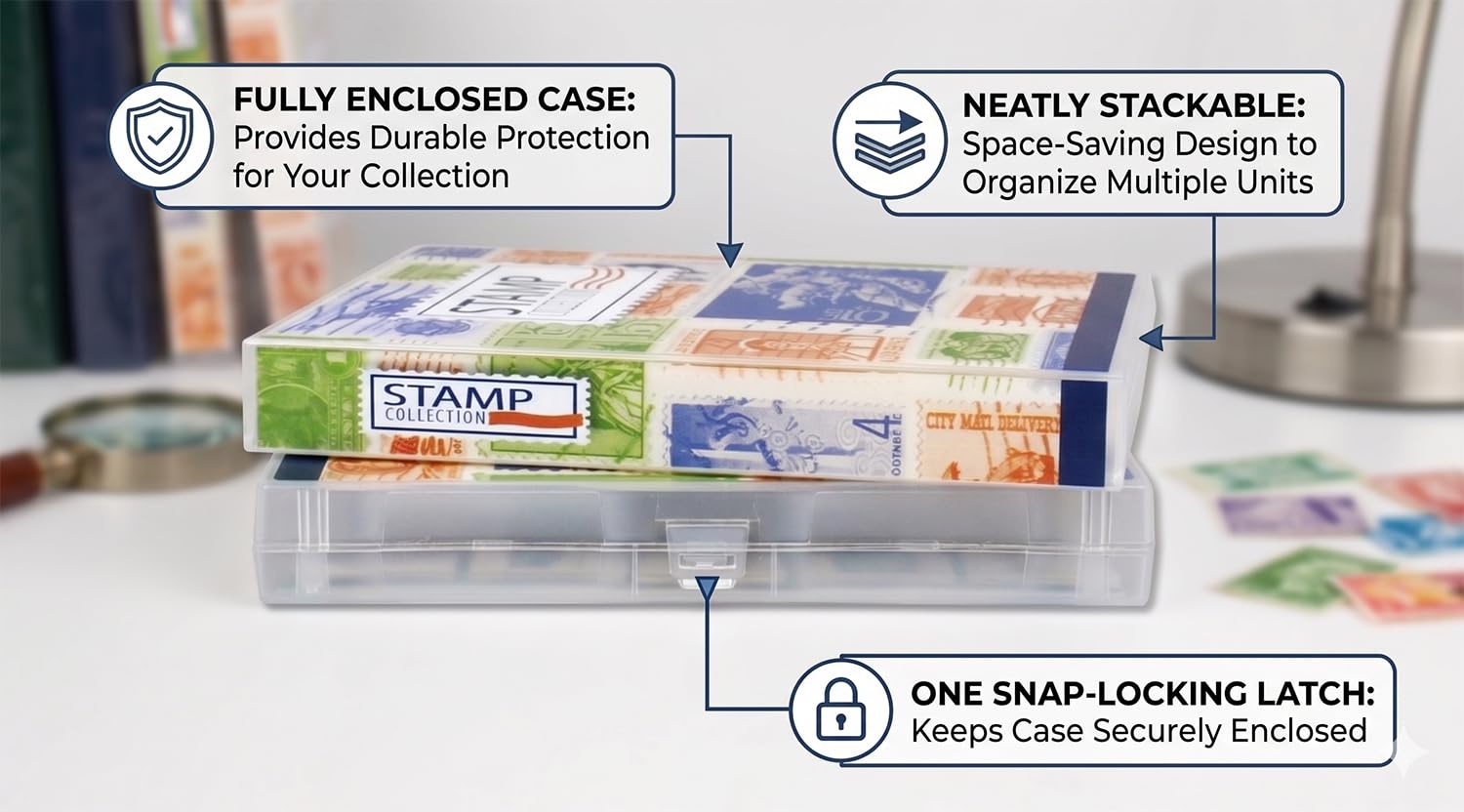 Stamp Collection Album Binder with 10 Archival Safe Pages - Compact 3-Ring Postage Stamp Storage Case with Snap Lock, Holds 150-300 Stamps - Includes