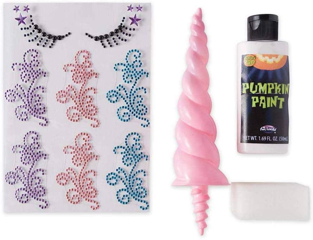 HearthSong 3-D Unicorn Pumpkin Decorating Kit - Halloween Arts and Crafts for Kids - Includes Pumpkin Paint, Jewel Designs, Screw in Horn