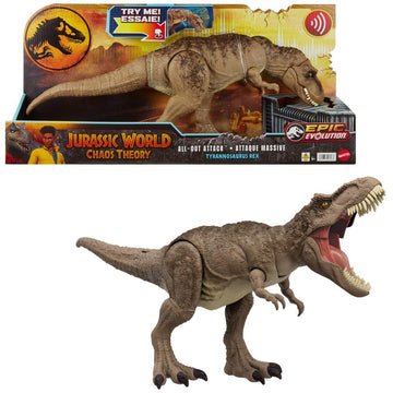 Mattel Jurassic World Chaos Theory All-Out Attack Tyrannosaurus Rex Dinosaur Action Figure Toy, T. rex with Rampage Attack, Chomp & Roar & Evolved