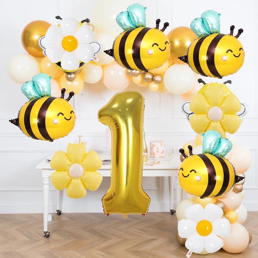 DANIUBE 9PCS Bee Balloons, Bee, White and Yellow Daisy Flower, Number 1 Foil Balloons for Baby Shower, 1st Birthday Party Decorations Supplies.