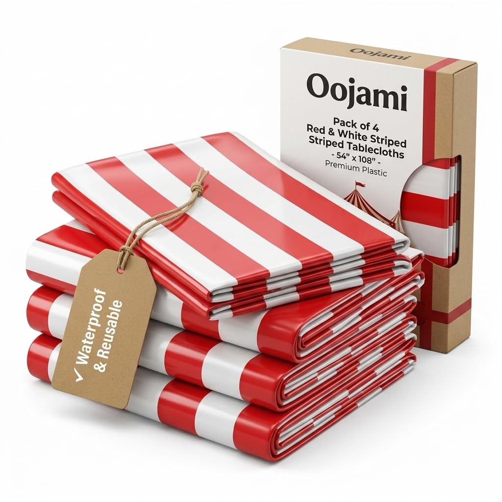 Oojami Pack of 4 Red & White Striped Tablecloths - 54" x 108" - Premium, Reusable, Waterproof Plastic for Parties, Picnics & Events