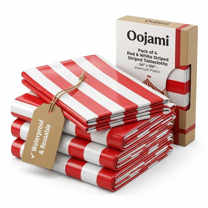 Oojami Pack of 4 Red & White Striped Tablecloths - 54" x 108" - Premium, Reusable, Waterproof Plastic for Parties, Picnics & Events